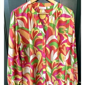Belle by Kim Gravel Sz M Status Print Button Blouse Retro Preppy Office QVC